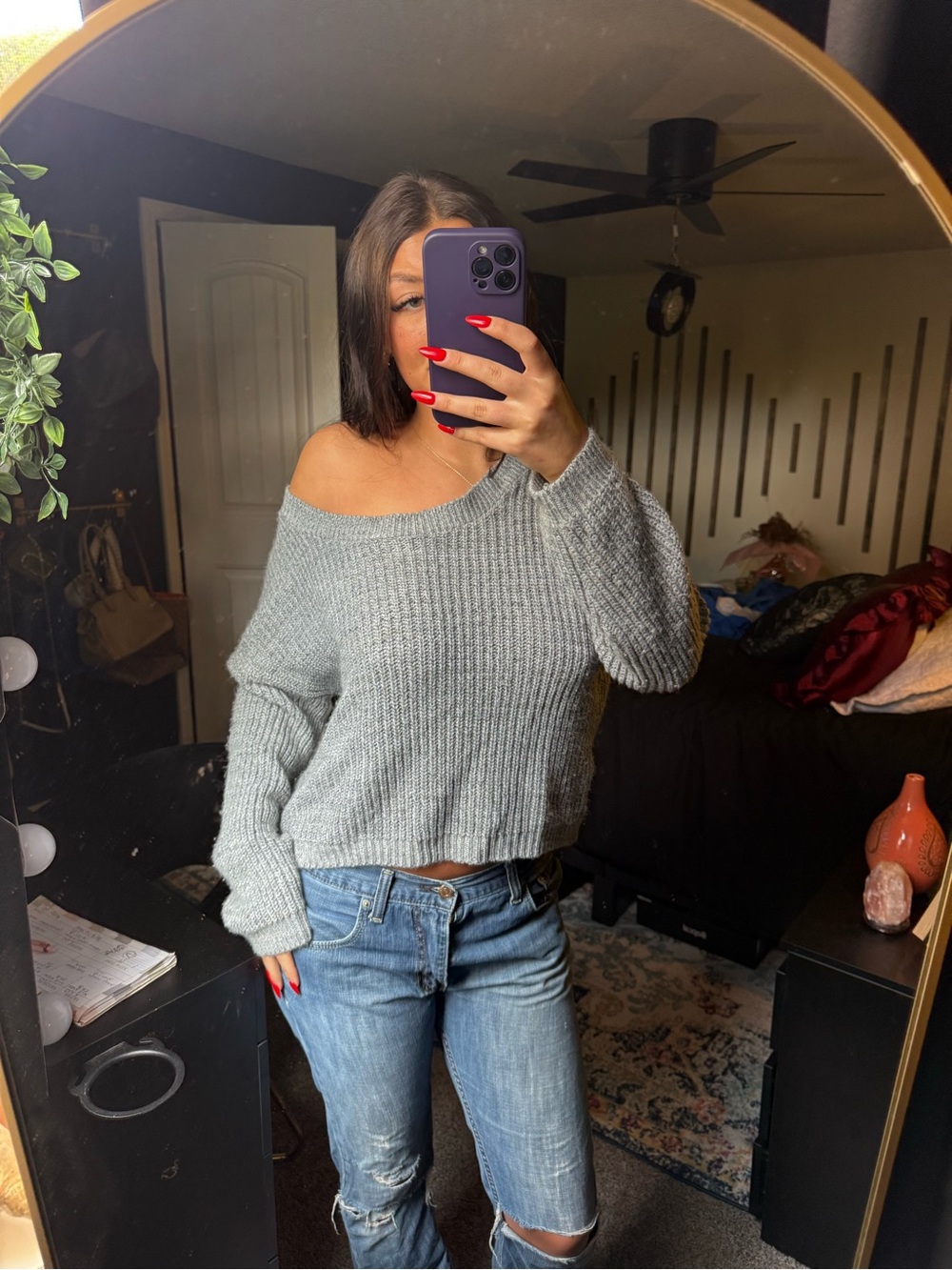 Women's Off-Shoulder Ribbed Sweater - Gray